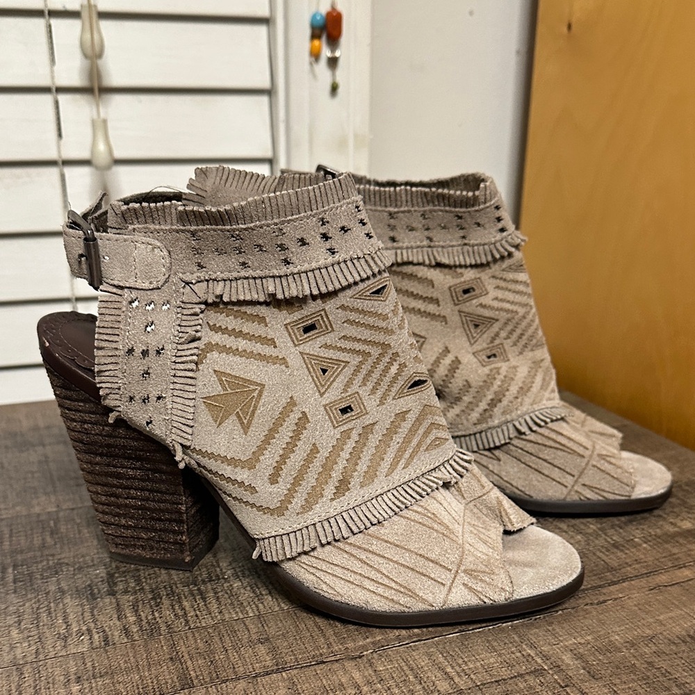 Naughty Monkey Taupe Fringed Open-Toe Heels